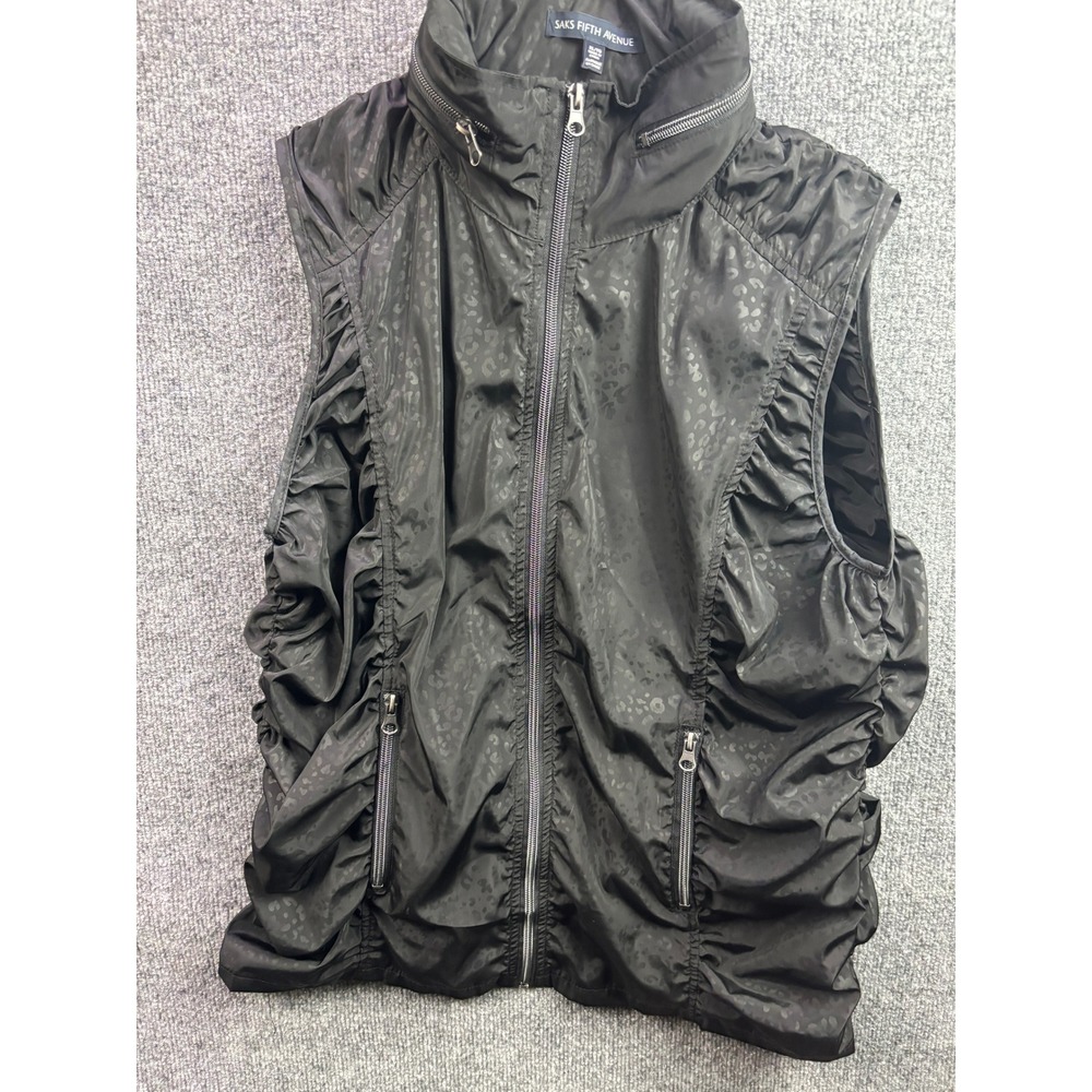 Saks Fifth Avenue Vest Womens XL Black Leopard Ruched Zip Up Hooded